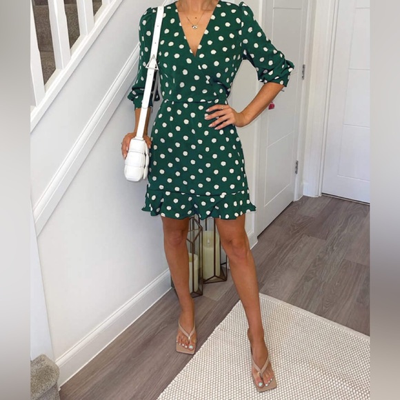 AX Paris Green Dot Frill Hem Wrap Front Long Sleeve Dress Size 10 - Picture 1 of 12